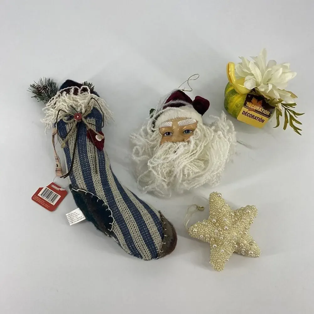4 Pc Christmas Decor Lot Santa Gnome Stocking Pearl Star Pumpkin Floral Holiday